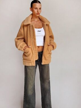 I.AM.GIA Pixie Teddy Coat Jacket Caramel Sherpa Zip Front Oversized XS